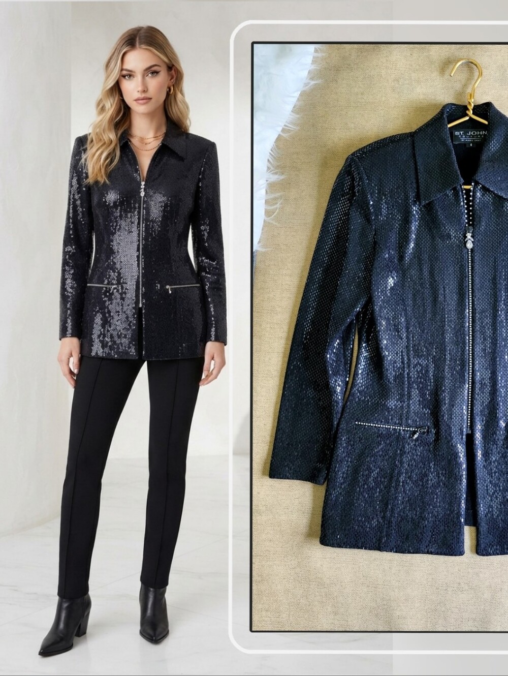 Vintage St. John Couture Black Sequin Santana Knit Jacket with Signed Swarovski